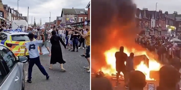 Chaos erupts in Leeds as migrant rioters set fire to bus, flip police car after children forcibly removed from a home over abuse concerns: report