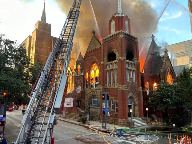 A fire severely damages the historic First Baptist Dallas church sanctuary